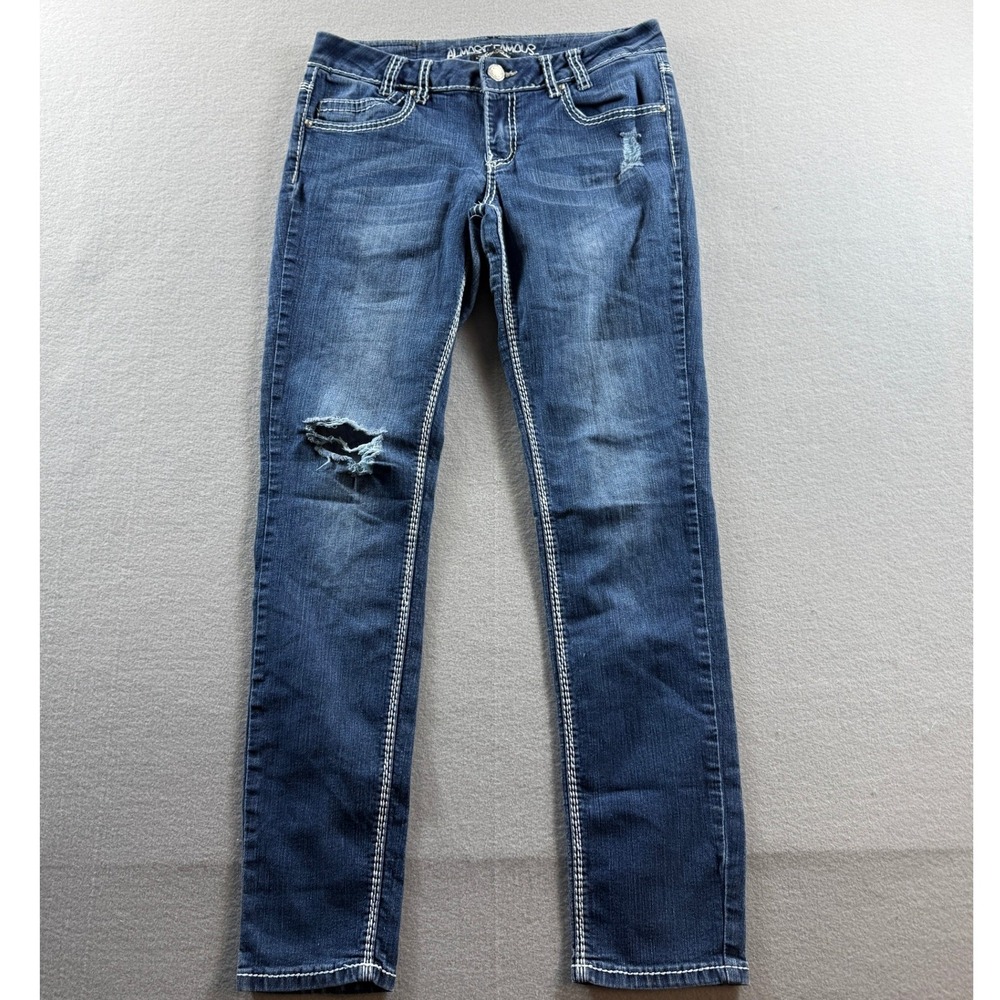Almost Famous Jeans Women 9 Blue Distressed Thick Stitch Skinny Denim 30x30